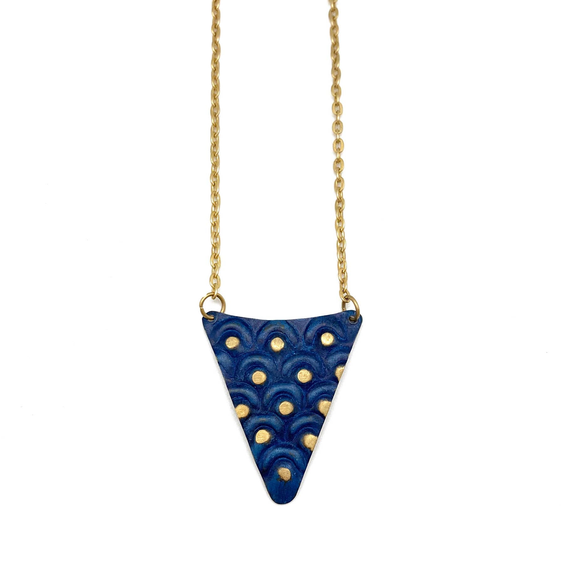 Brass Patina Necklace - Cobalt Blue Triangle with Brass Dots