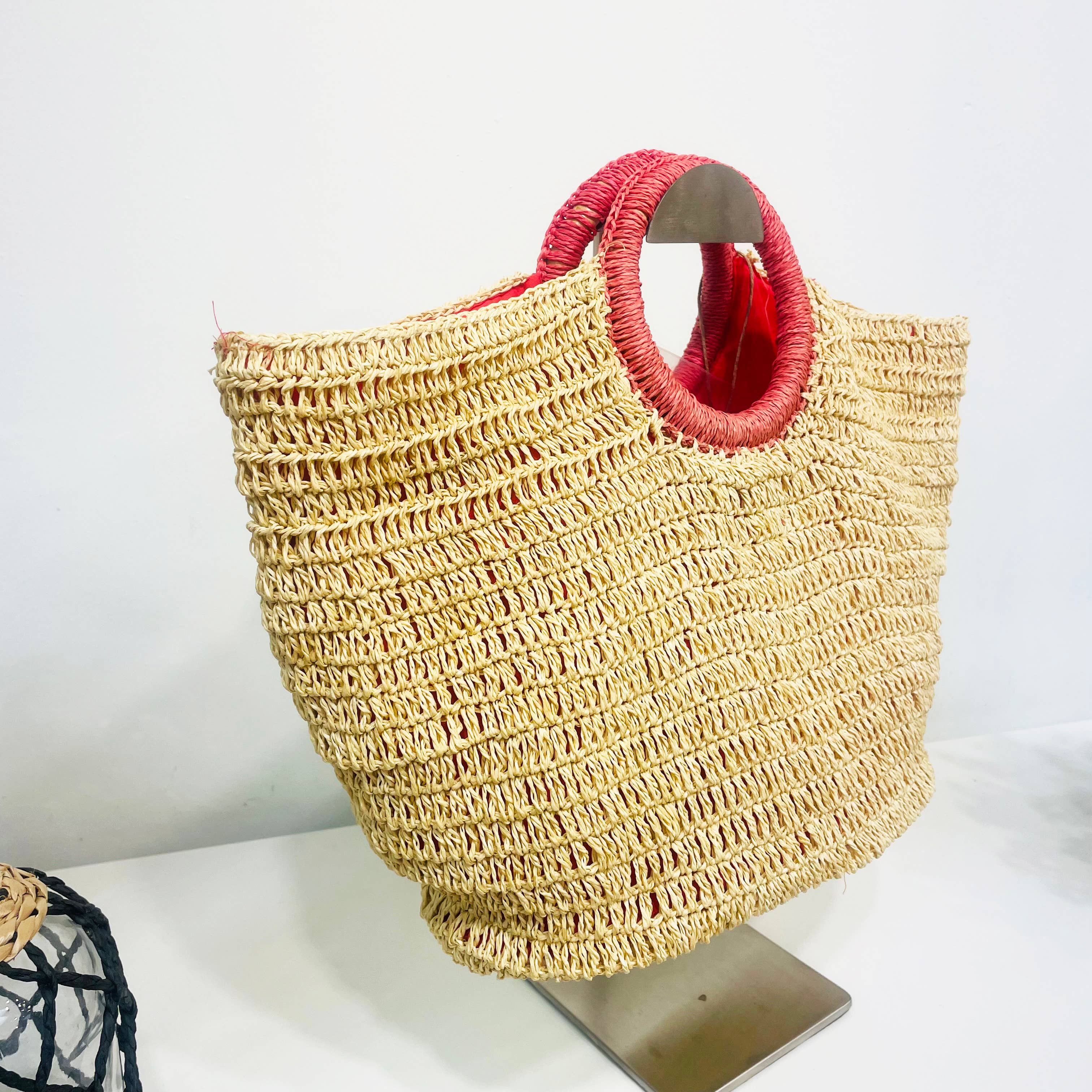 Cali Basket Raffia Bag with Colorful Wrapped Wooden Handle