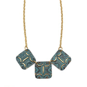 Brass Patina Necklace - Aqua Squares with Moons and Lines