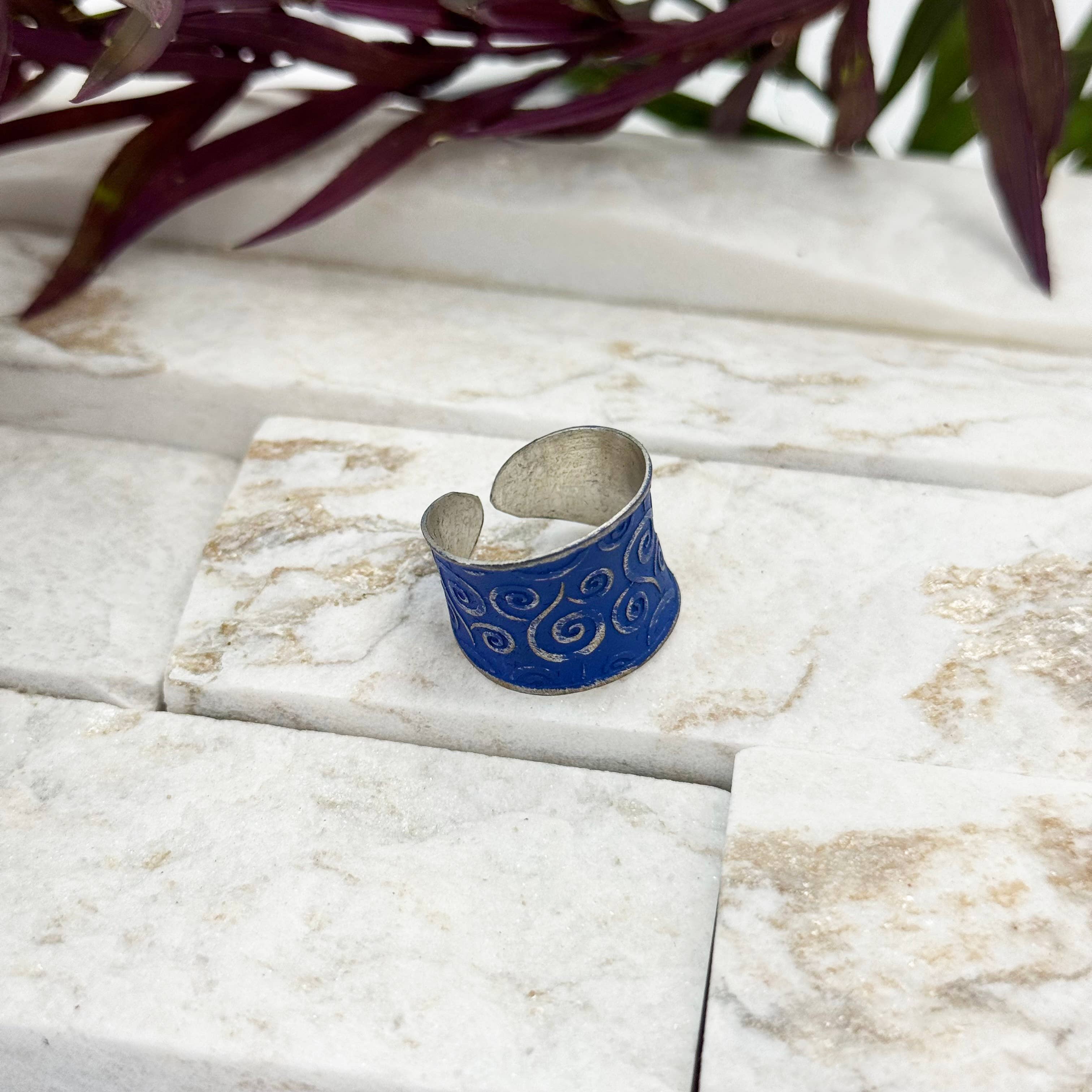 Handcrafted Silver Patina Royal Blue Scrollwork Ring