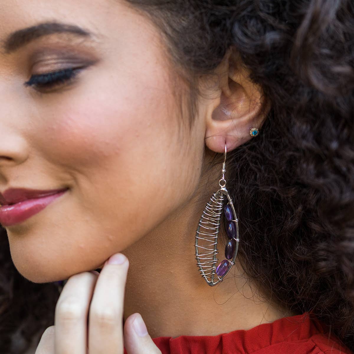 Wire-Wrapped Stone Earrings - Antique Silver, Amethyst