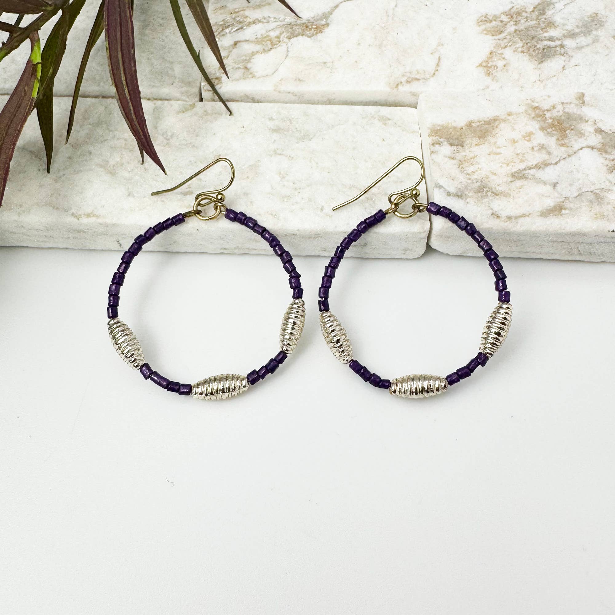 Seed Bead Hoop Earrings - Purple