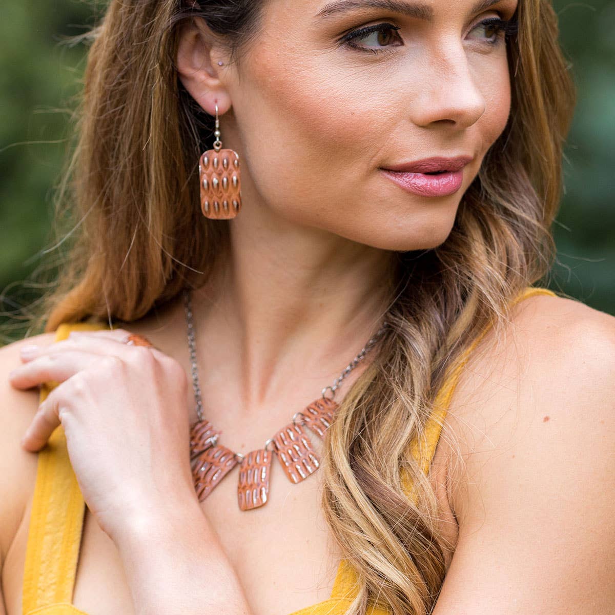 Silver Patina Necklace - Five Rust Rectangles