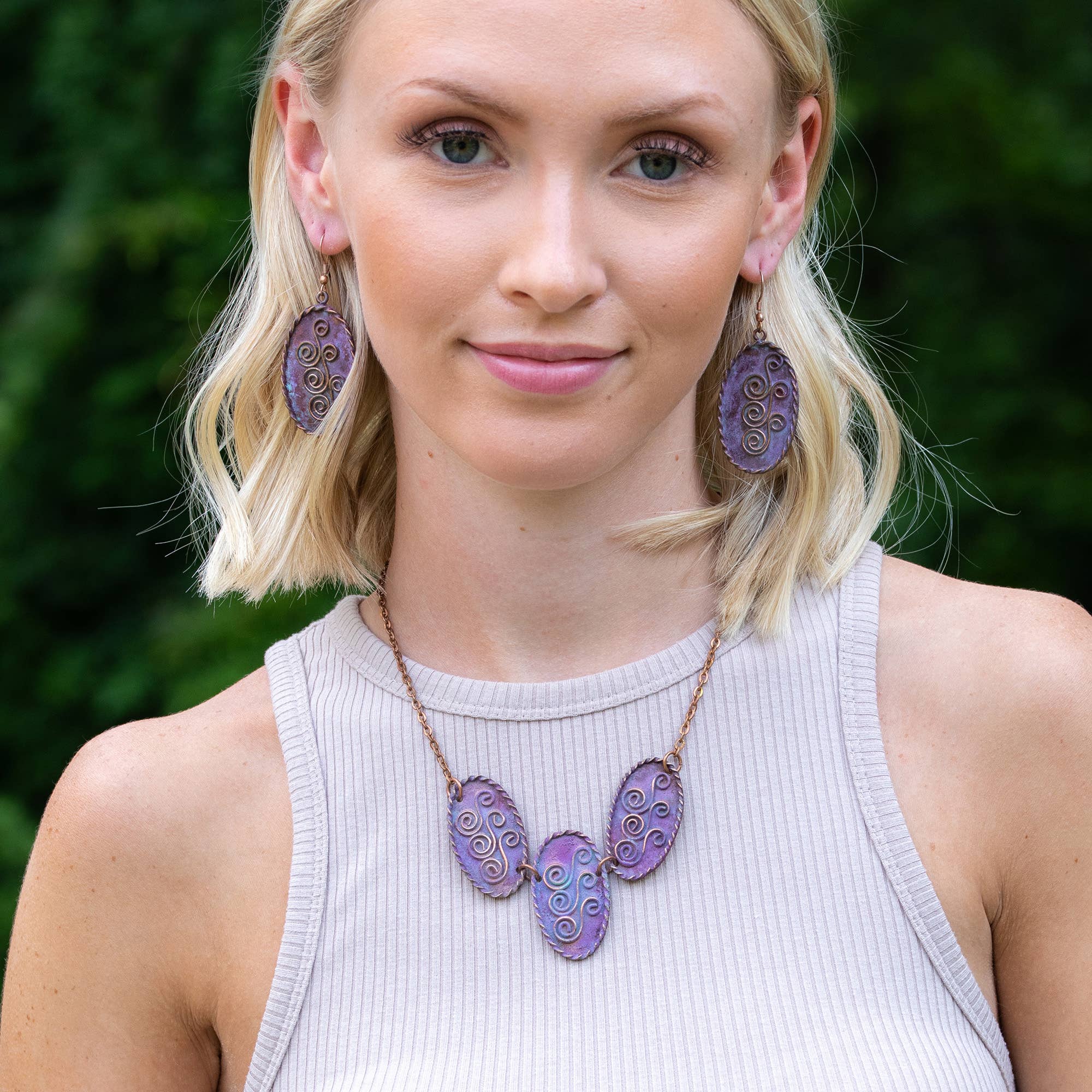 Copper Patina Necklace - Lilac Purple Three Triple S Shapes