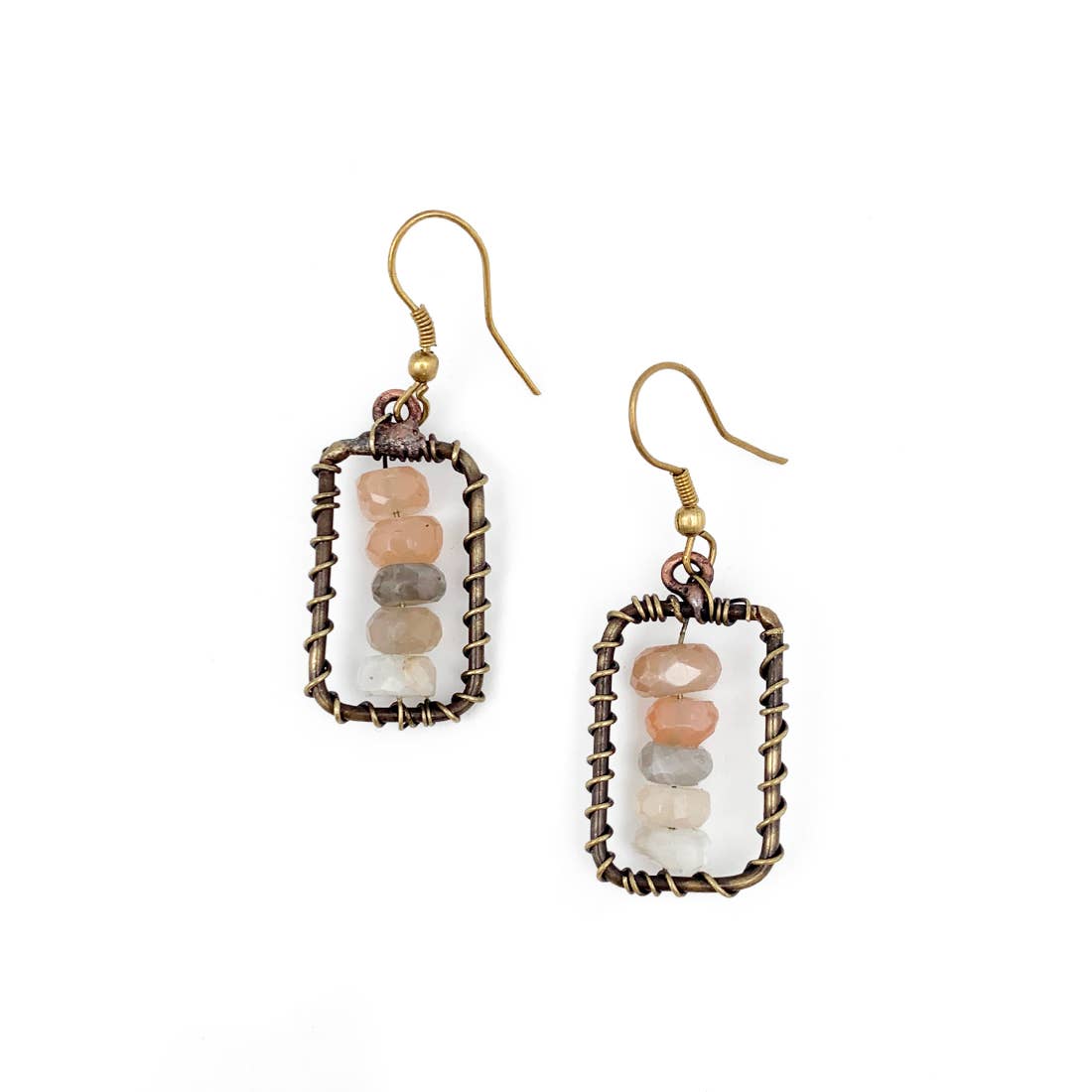 Wire-Wrapped Stone Earrings - Antique Brass, Quartz