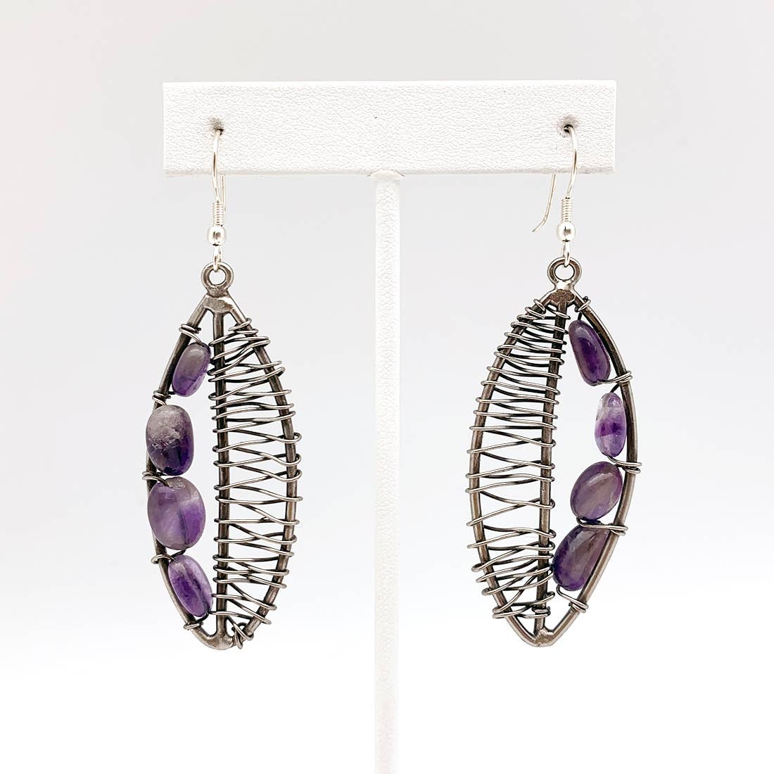 Wire-Wrapped Stone Earrings - Antique Silver, Amethyst