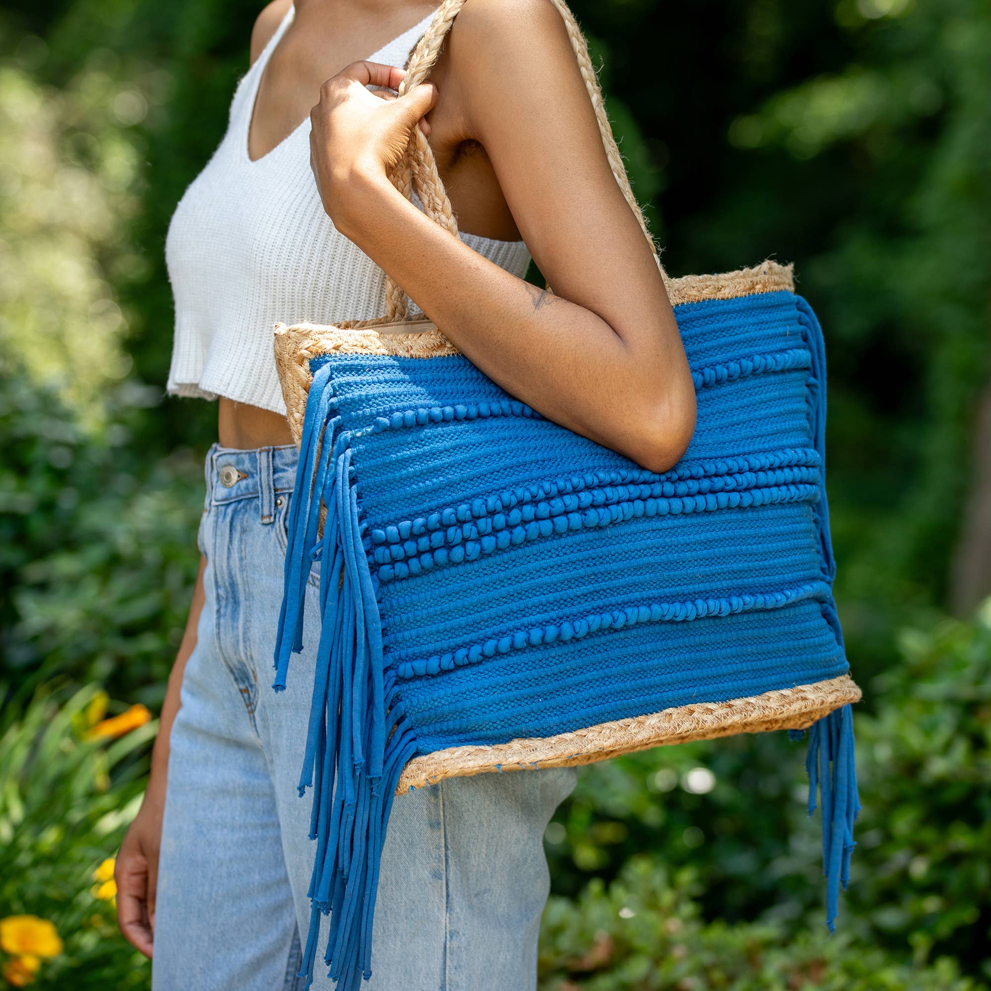 Nora Tote - Jute and Blue Cotton Tote with Fringes