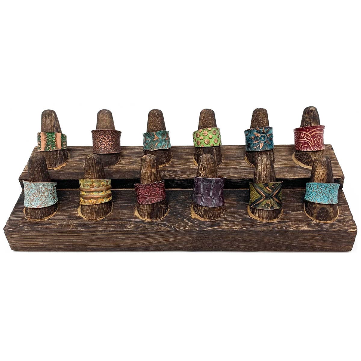 New Copper Patina Rings with Wooden Display