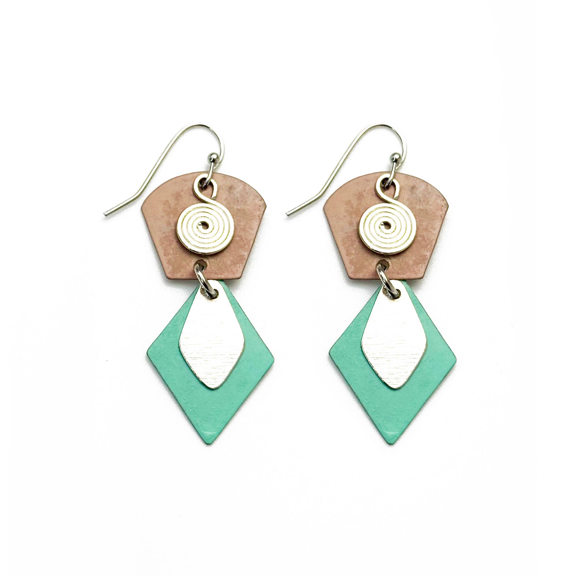 Handcrafted Tan & Teal Patina Two Tier Geometric Earrings