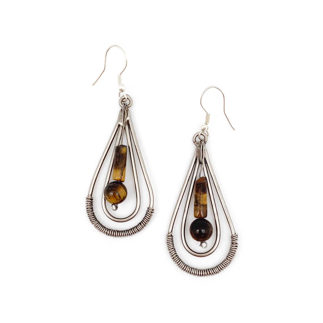 Wire-Wrapped Stone Earrings - Antique Silver, Tiger Eye