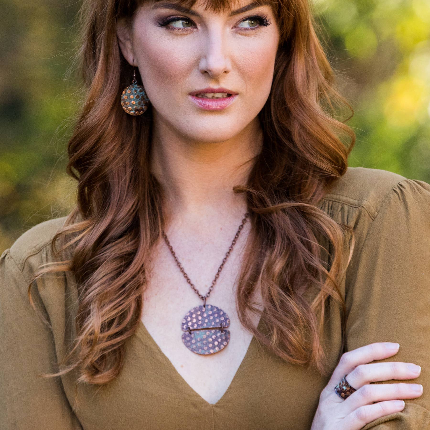 Copper Patina Necklace - Copper and Teal Rivets