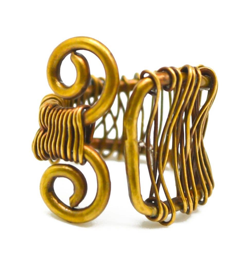 Basketweave Antique Brass Double Spiral Ring