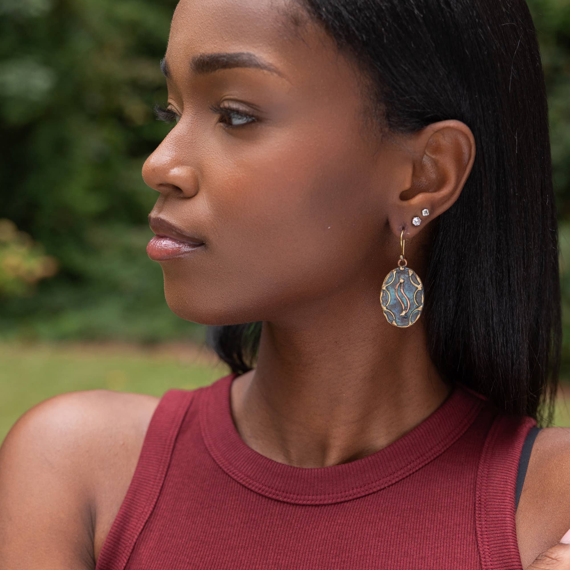 Handcrafted Rustic Blue & Copper Swirl Brass Patina Earrings