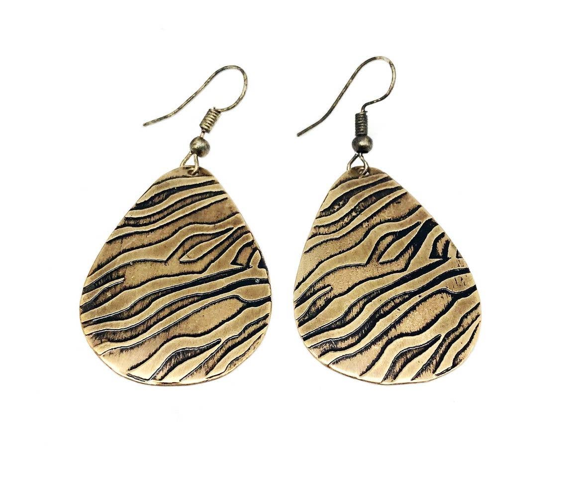 Zebra Print Brass Engraved Earrings