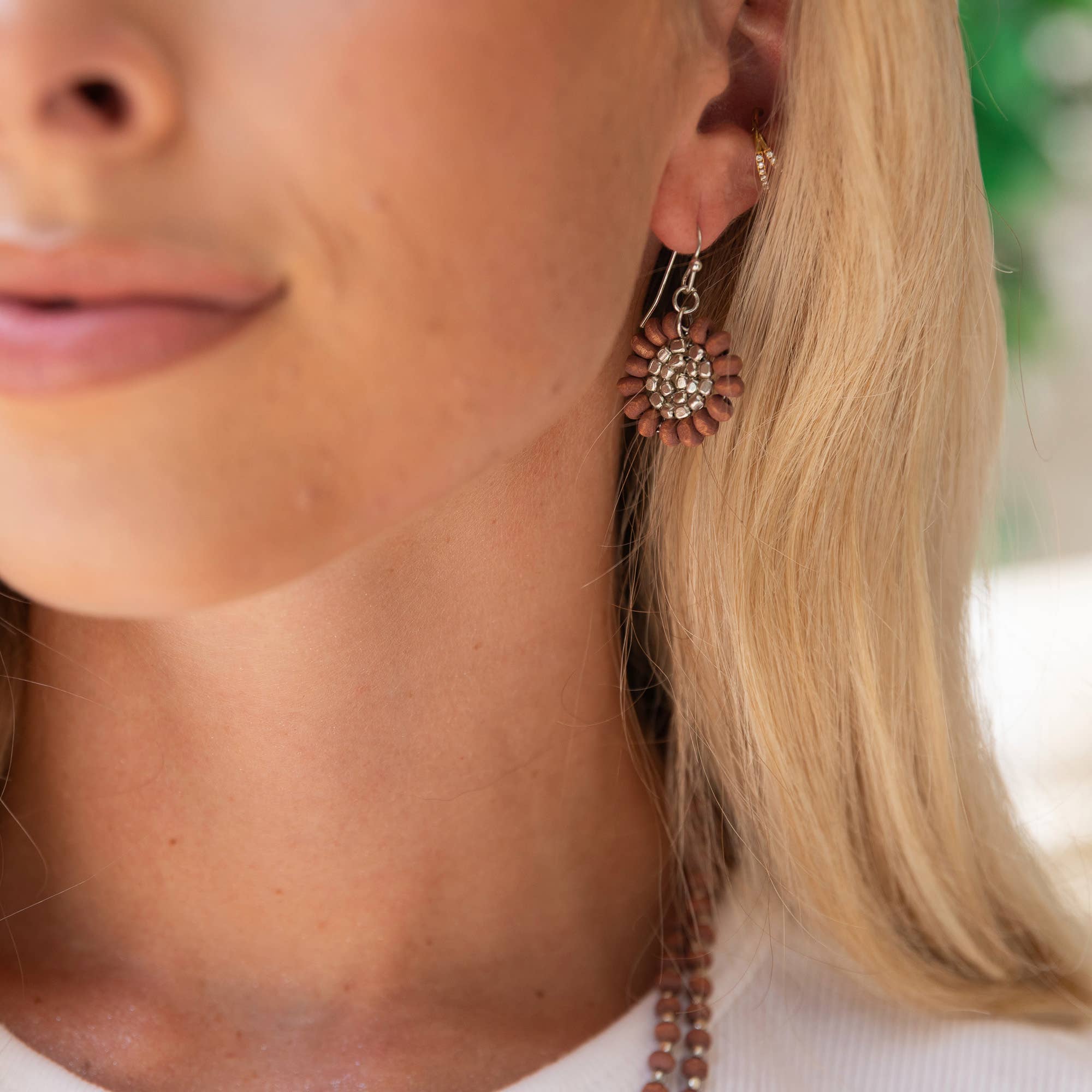 Sachi Wood Bead Flower Earrings - Brown