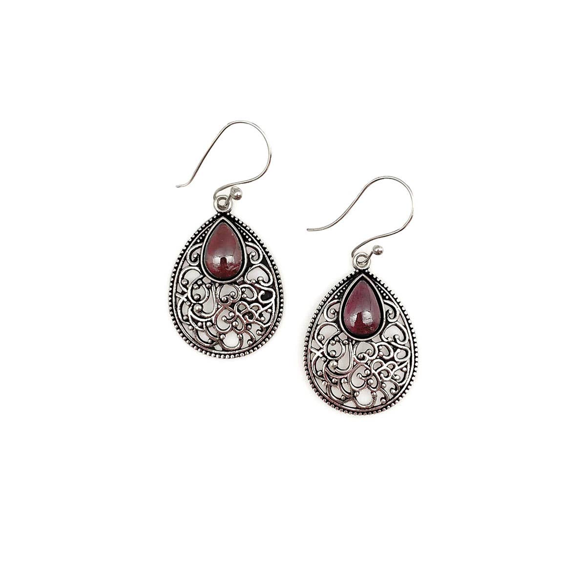 Tanvi Silver-Plated and Garnet Earrings - Filigree Teardrop