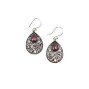Tanvi Silver-Plated and Garnet Earrings - Filigree Teardrop