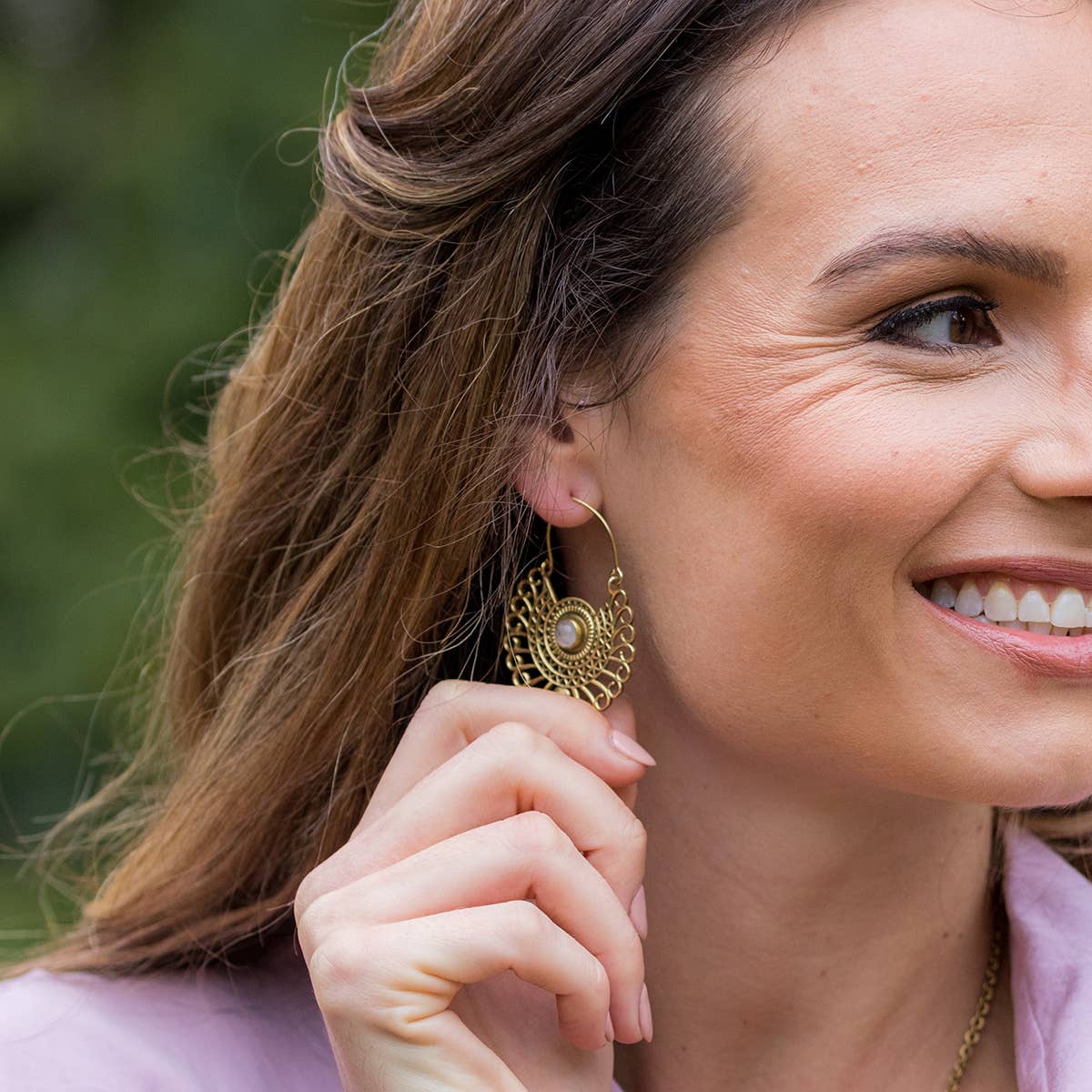 Tanvi Collection Earrings - Rose Quartz Gold Curly Lines