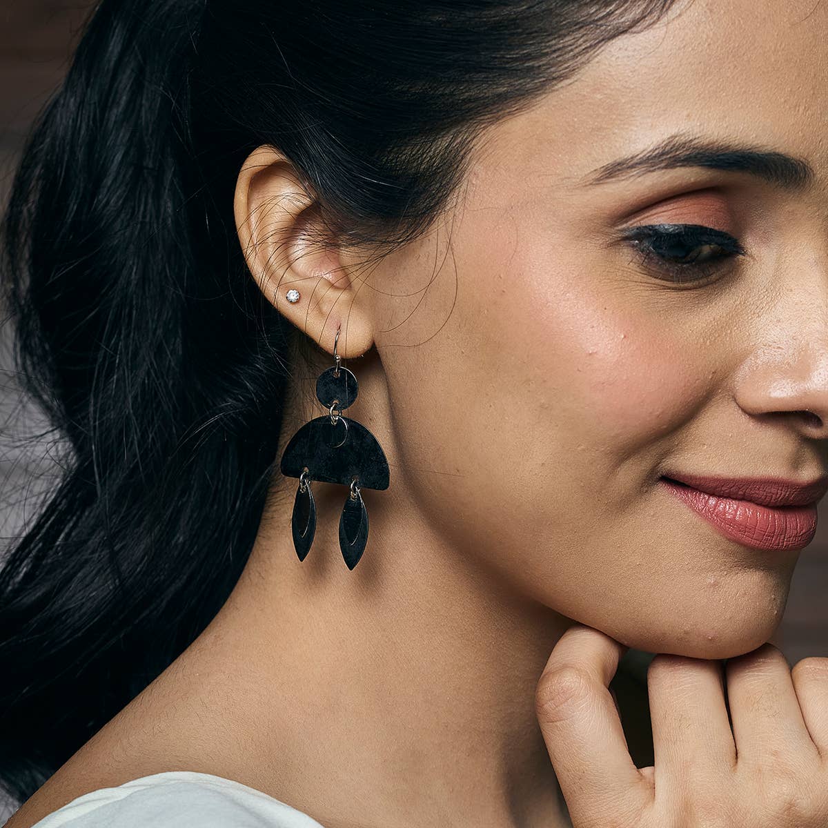 Handcrafted Black Patina Abstract Leaf Dangle Earrings