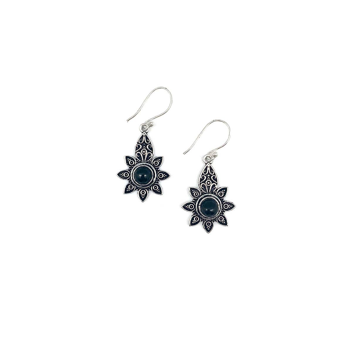 Tanvi Silver Dark Petal Frame with Black Onyx Earrings