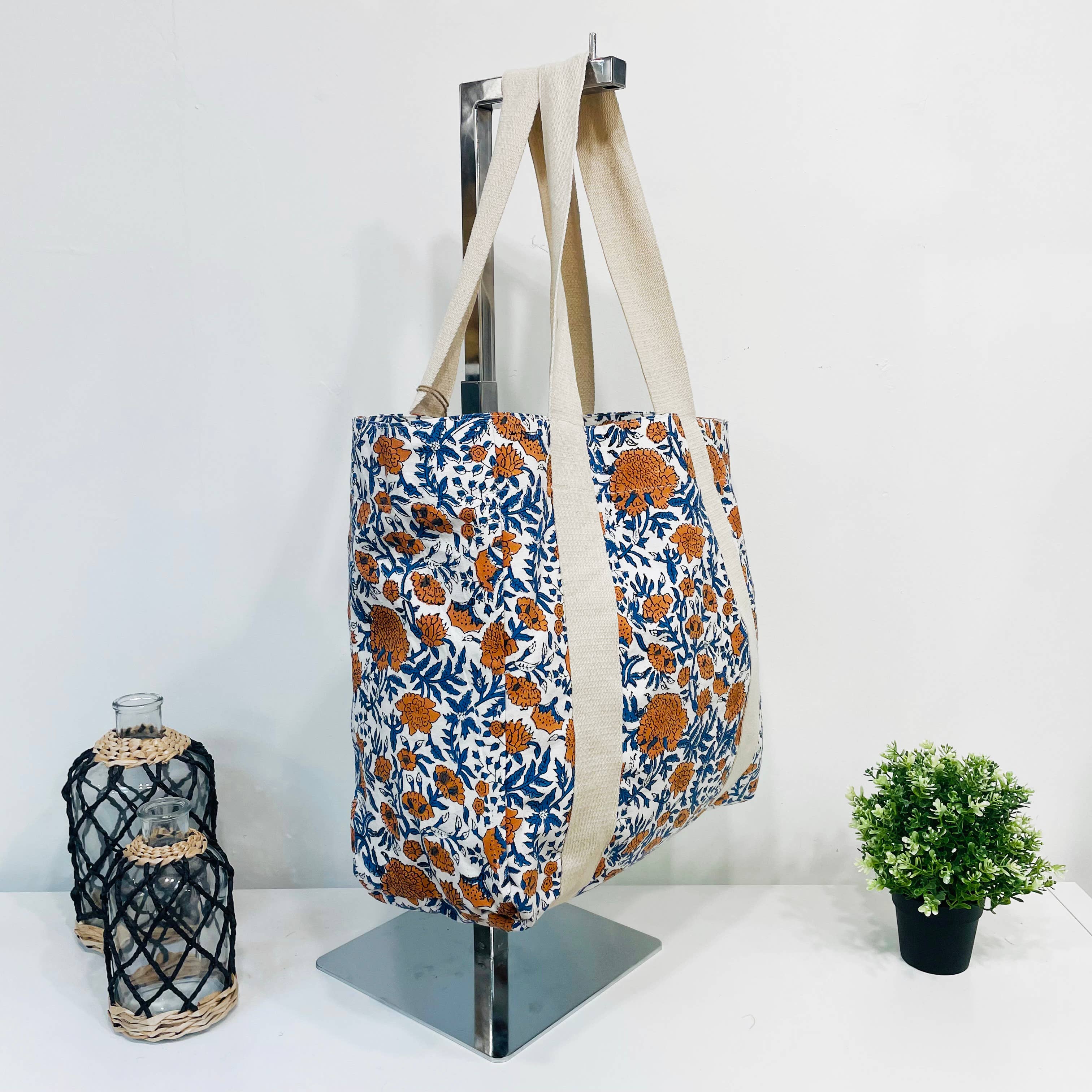 Handcrafted Canvas Bag with Block-Printed Marigold Wonders
