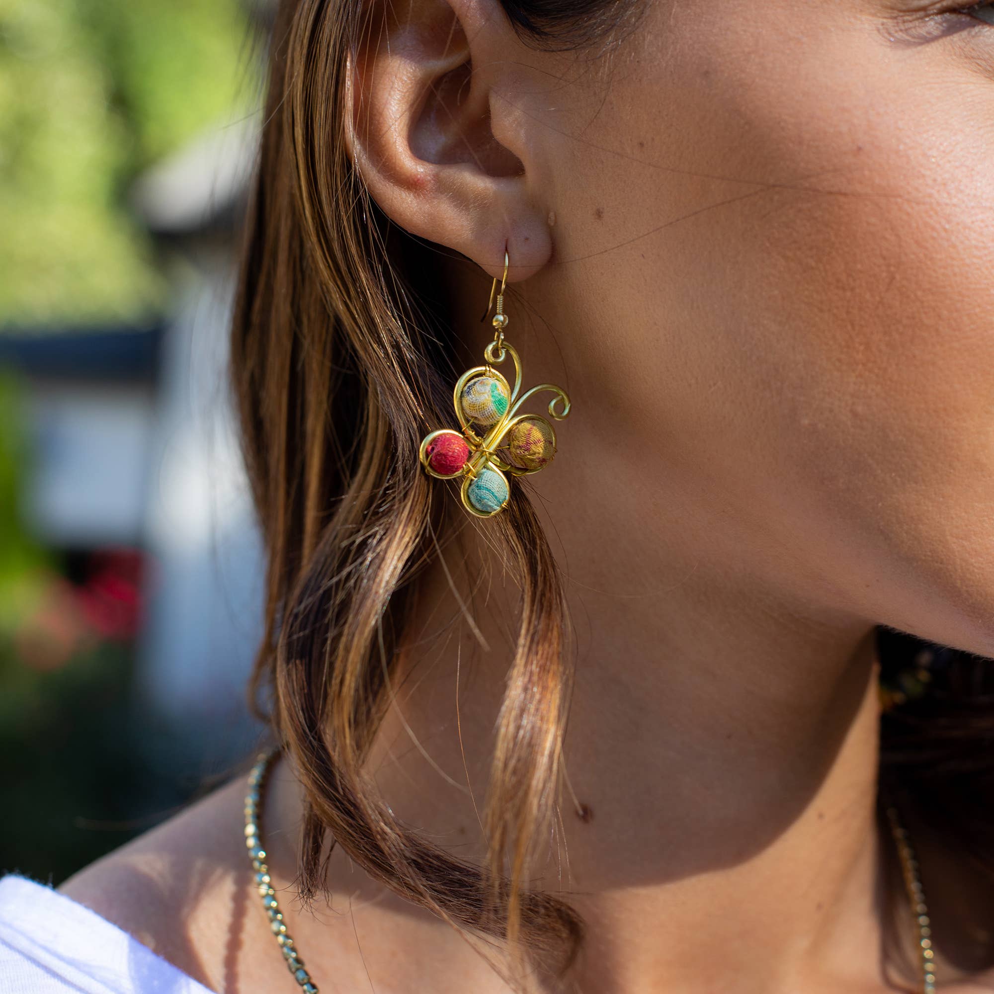 Aasha Brass Wrapped Beaded Small Butterfly Earrings