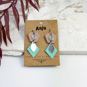 Handcrafted Tan & Teal Patina Two Tier Geometric Earrings