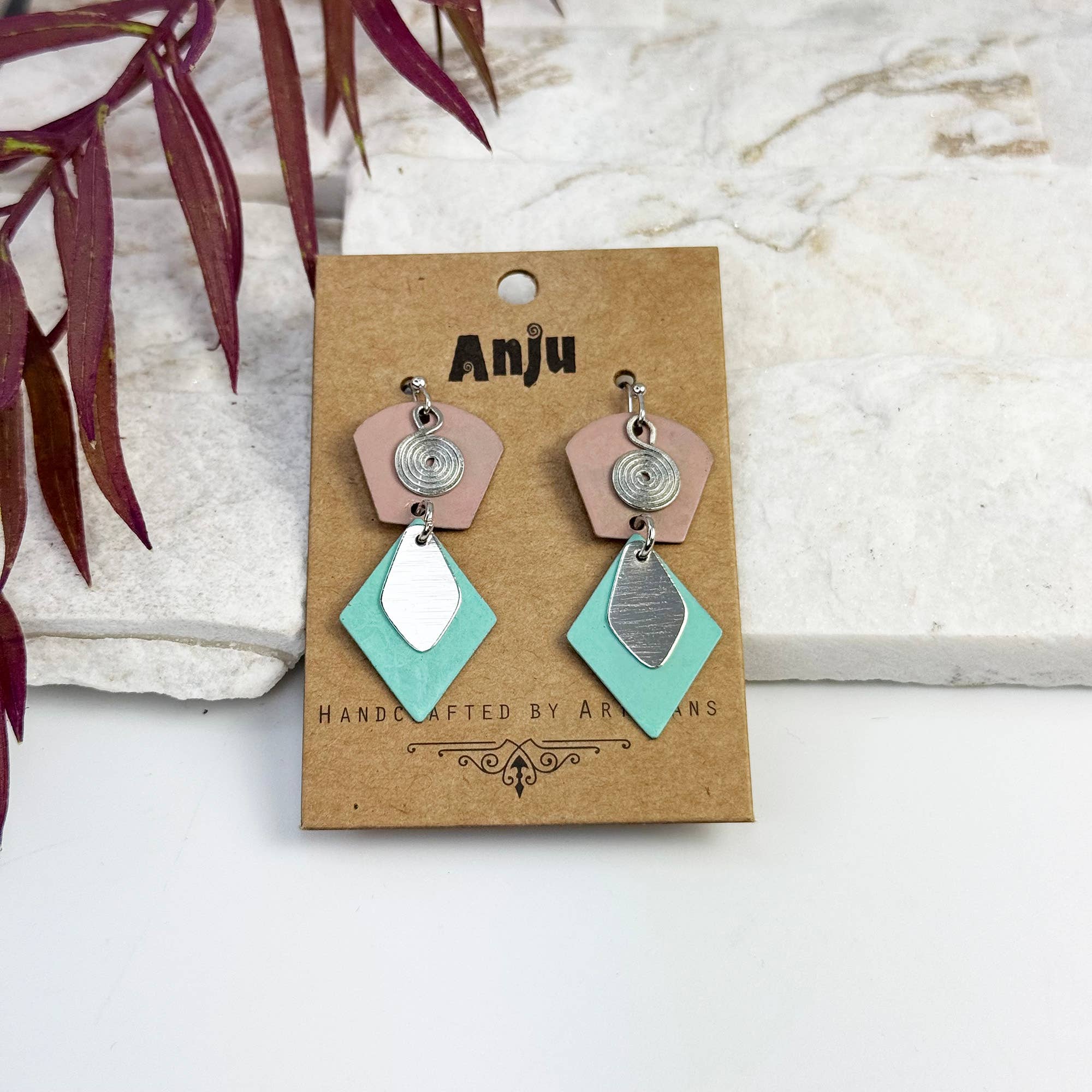 Handcrafted Tan & Teal Patina Two Tier Geometric Earrings