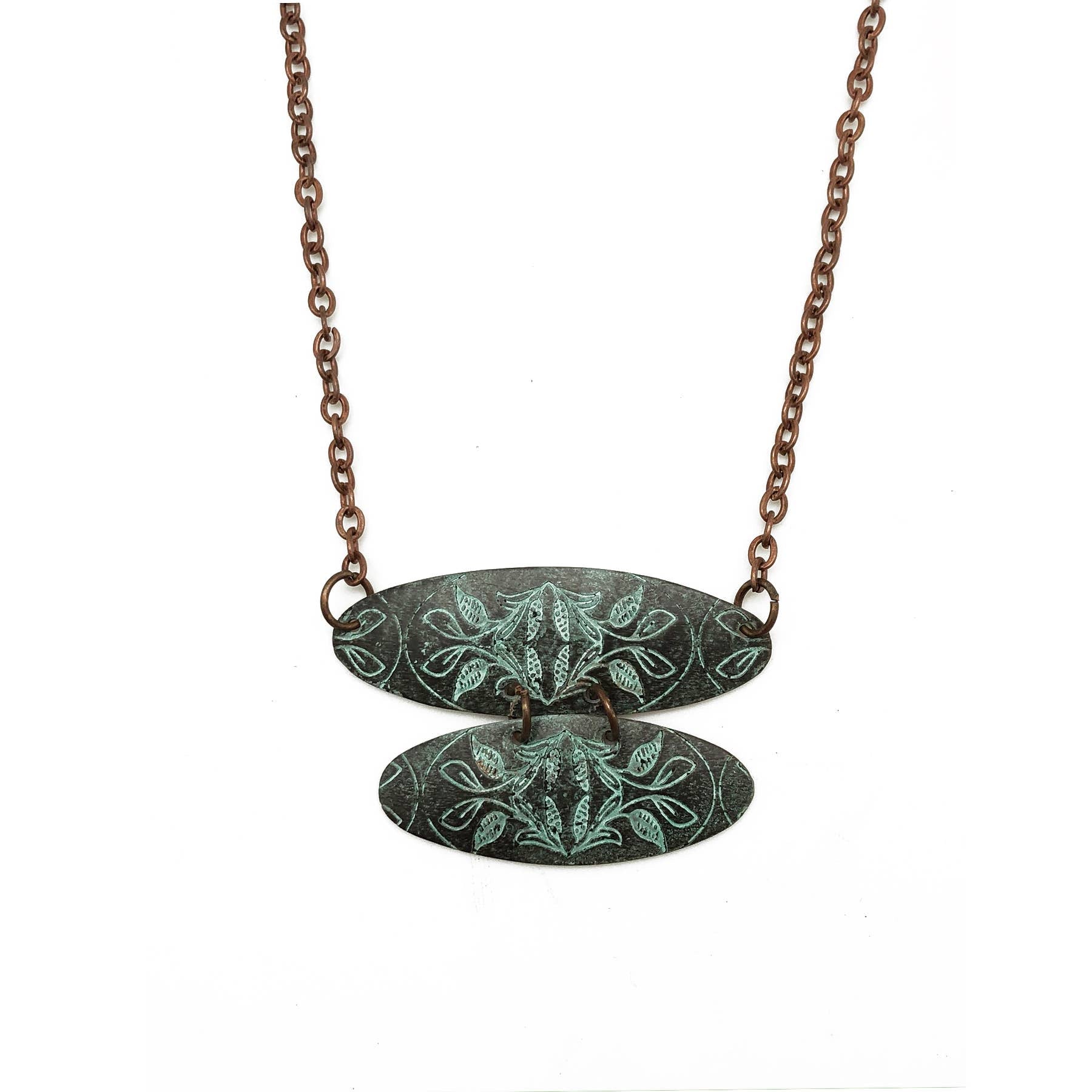 Copper Patina Necklace - Mirrored Leaves