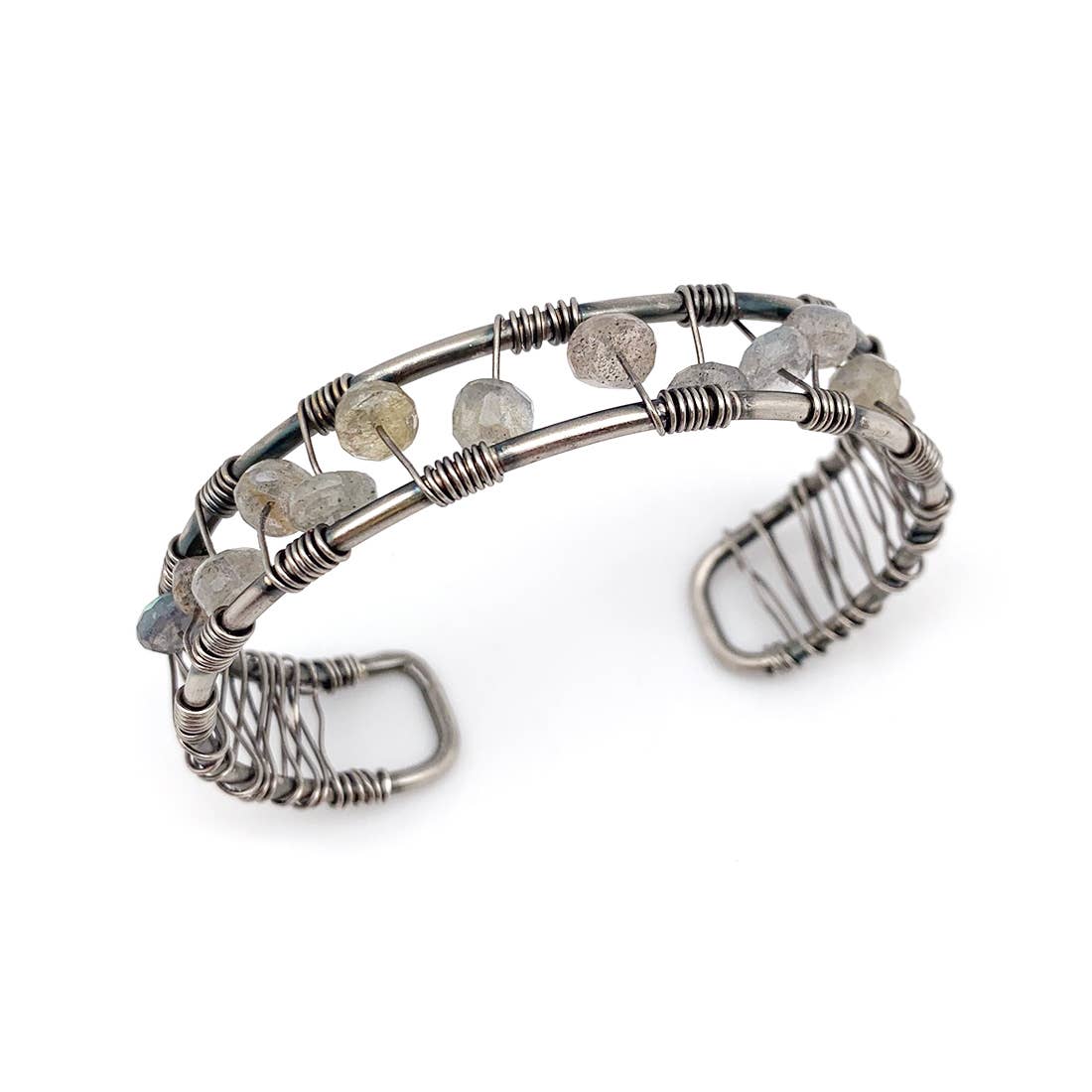 Wire-Wrapped Stone Cuff - Antique Silver with Labradorite