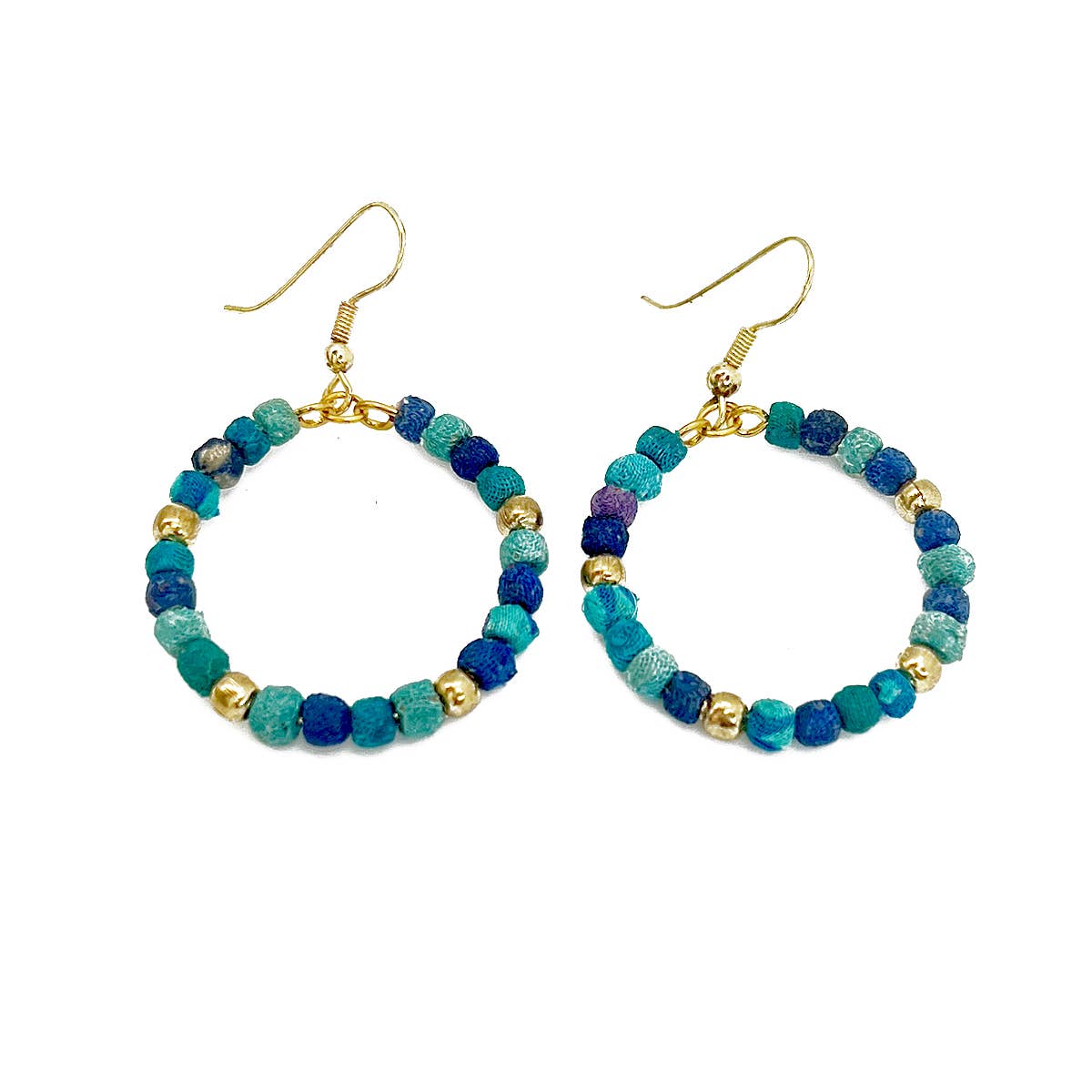 Aasha Aqua Small Beaded Hoop Kantha Earrings
