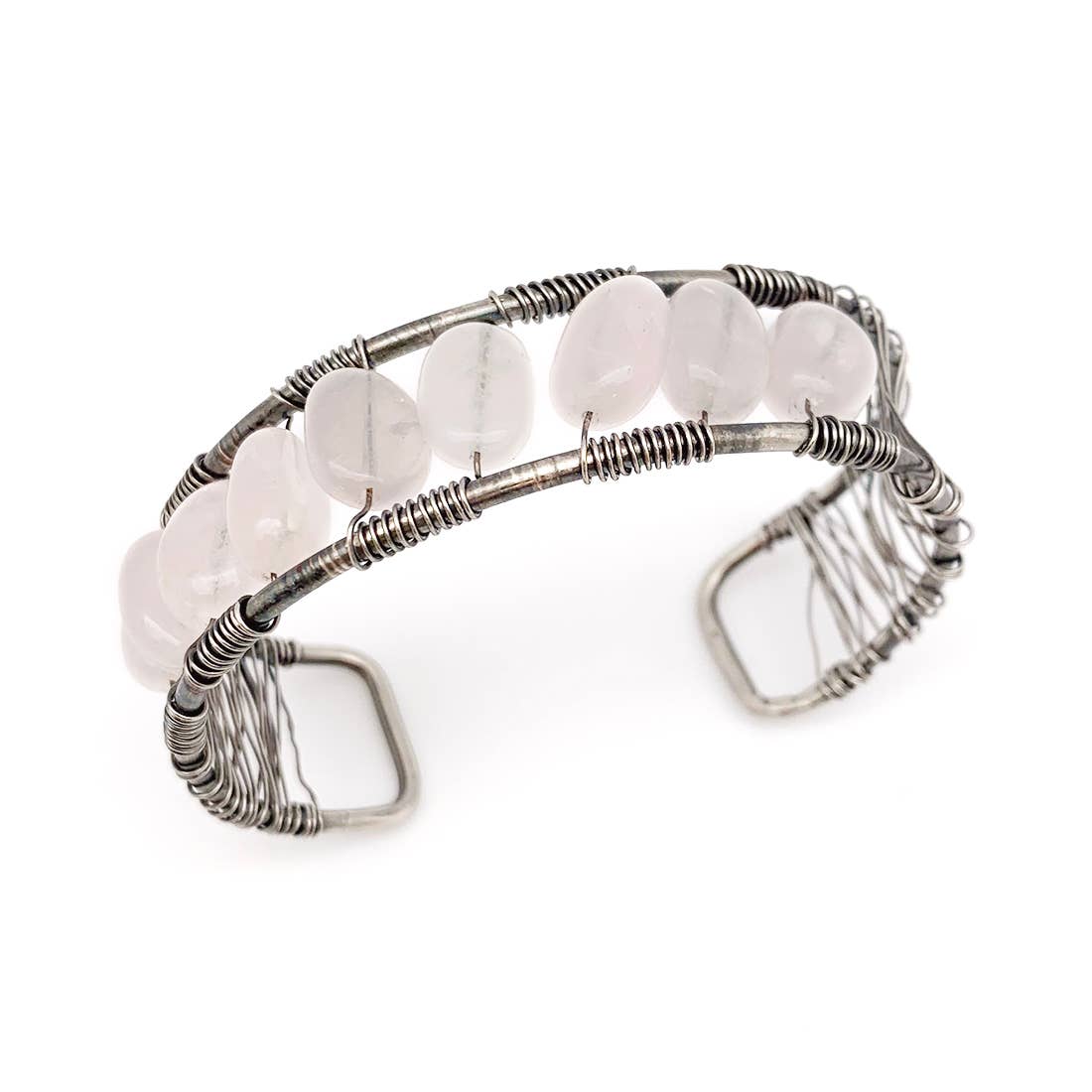 Wire-Wrapped Stone Cuff - Antique Silver with Rose Quartz