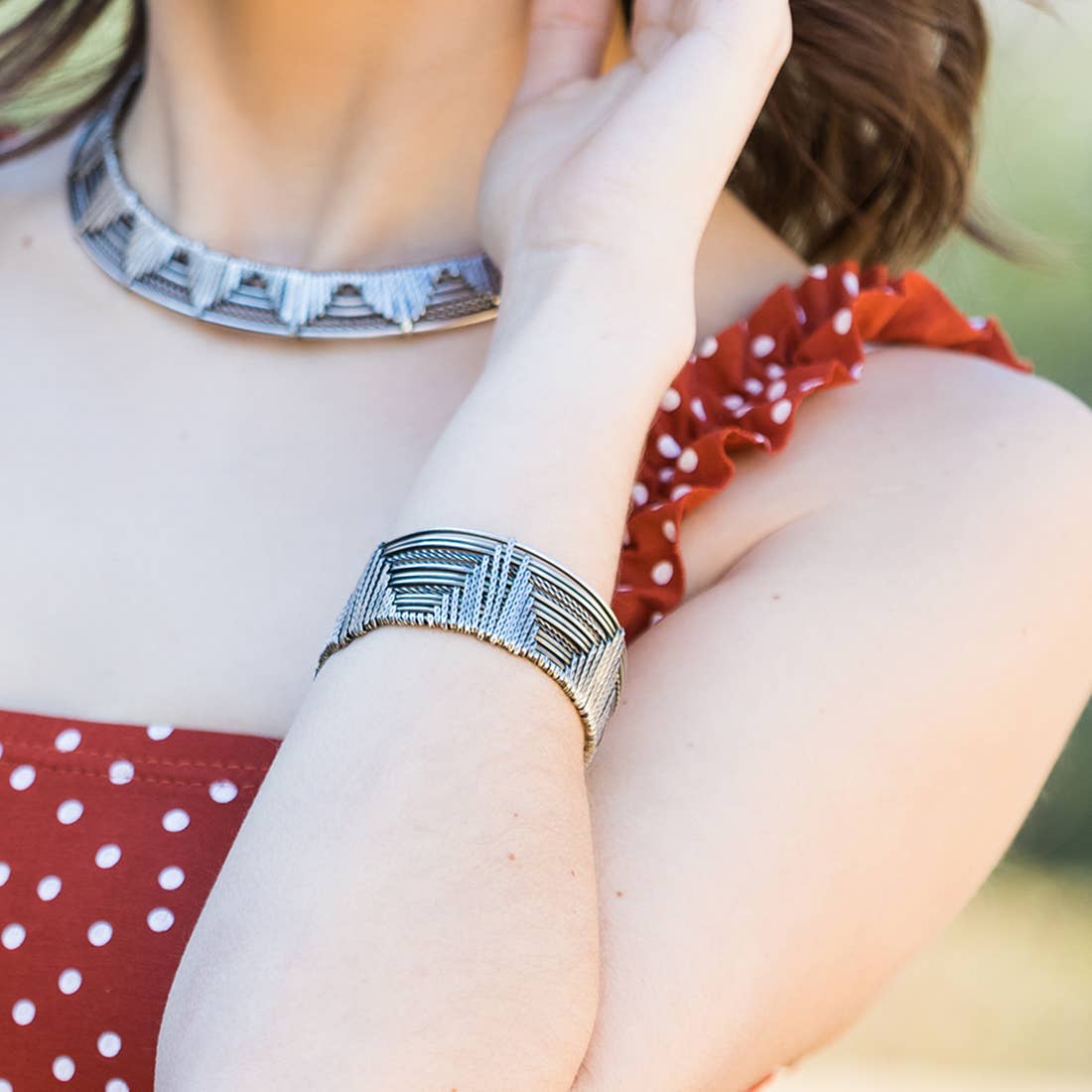 Basketweave Antique Silver Chain Triangle Woven Cuff