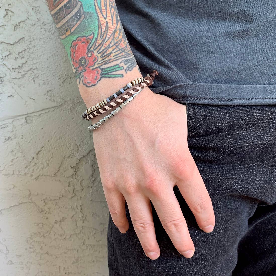 Aadi Striped Leather, Stone, and Metal Beads Men's Bracelet
