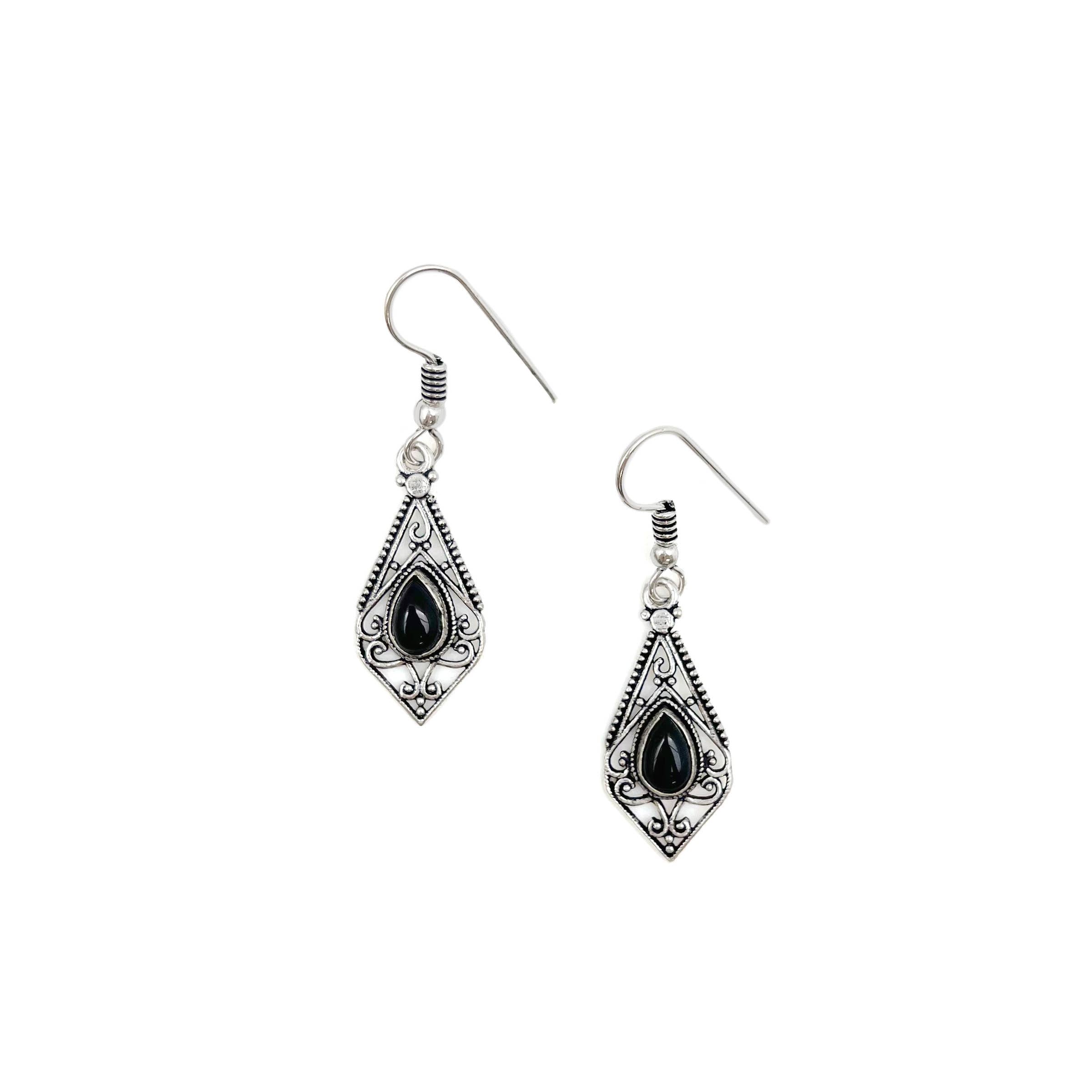Tanvi Collection Earrings - Silver Diamond with Onyx