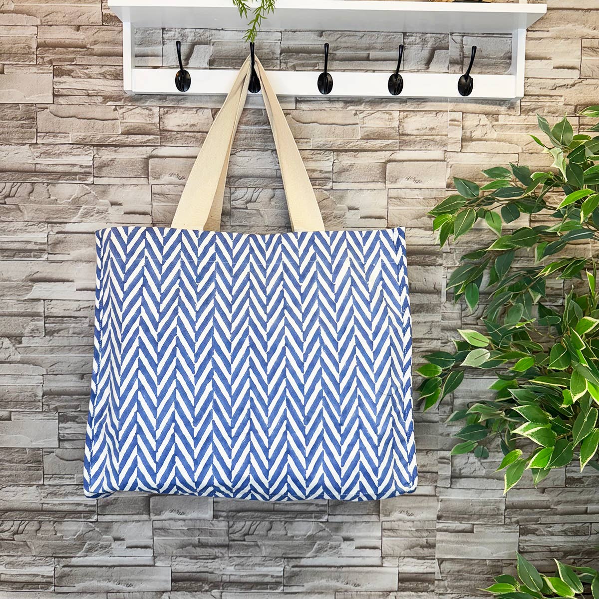 Canvas Bag with Block-Printed Blue and White Zigzag Pattern
