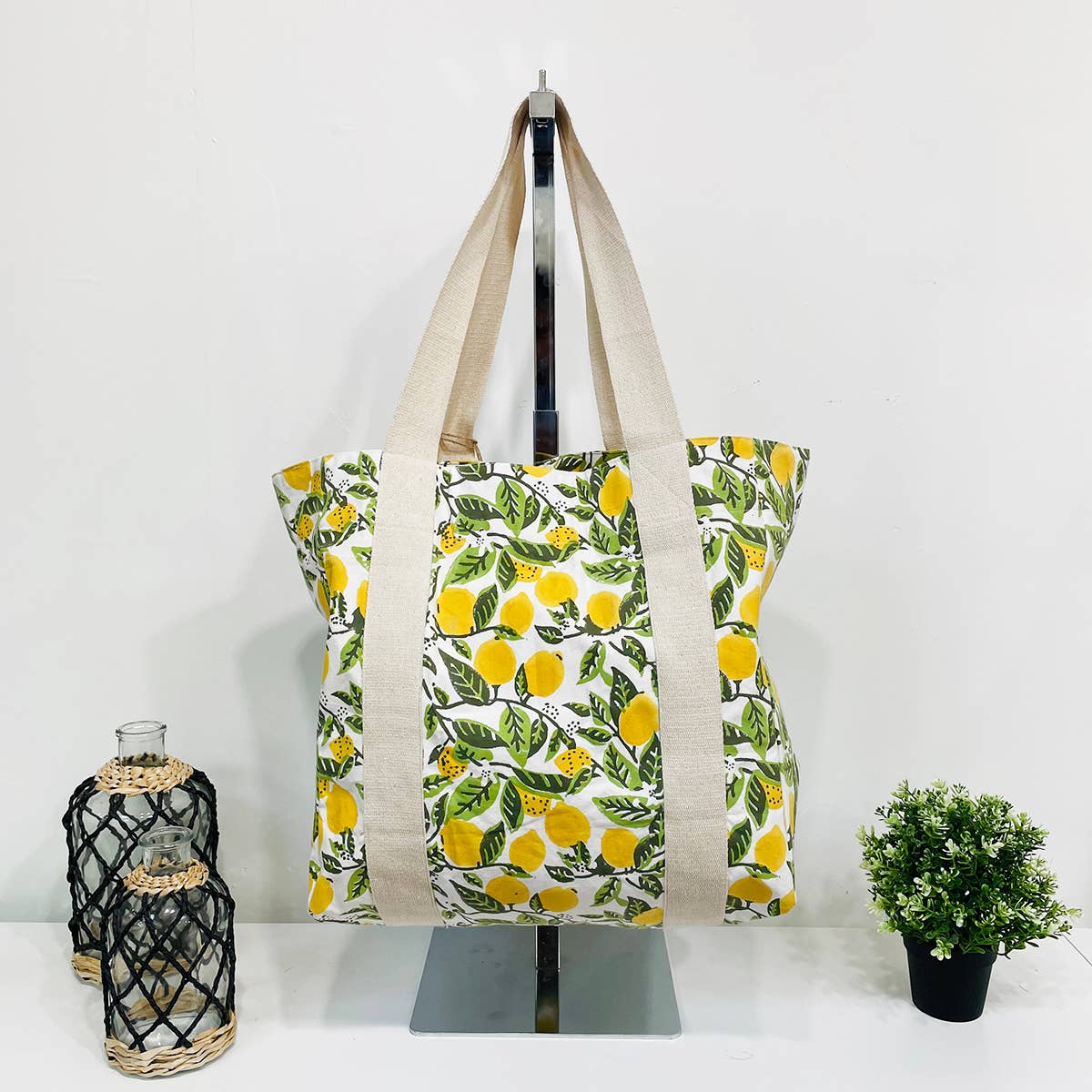Handcrafted Canvas Bag with Block-Printed Lemon Groves