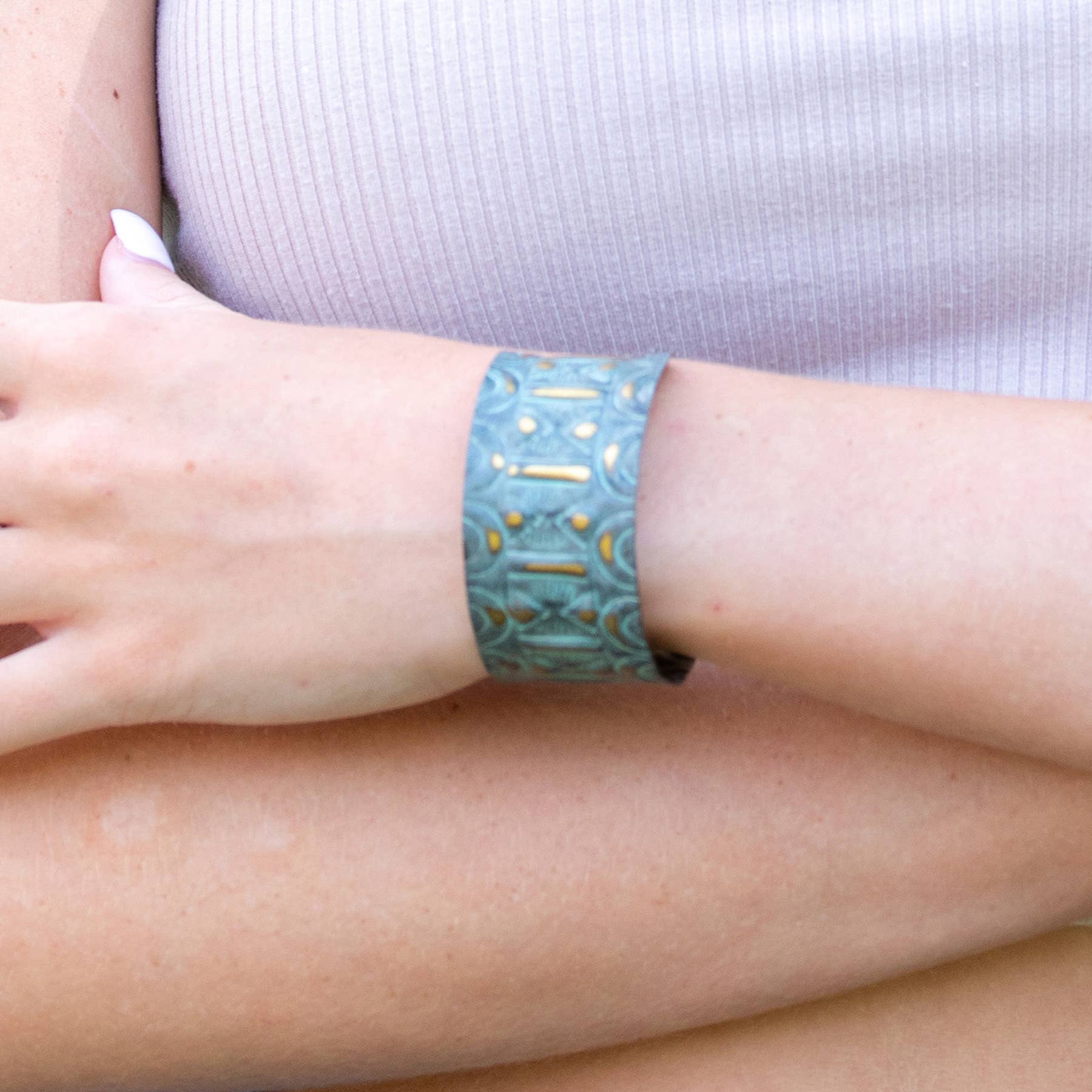 Brass Patina Bracelet - Aqua Sacred Geometry Allover Design
