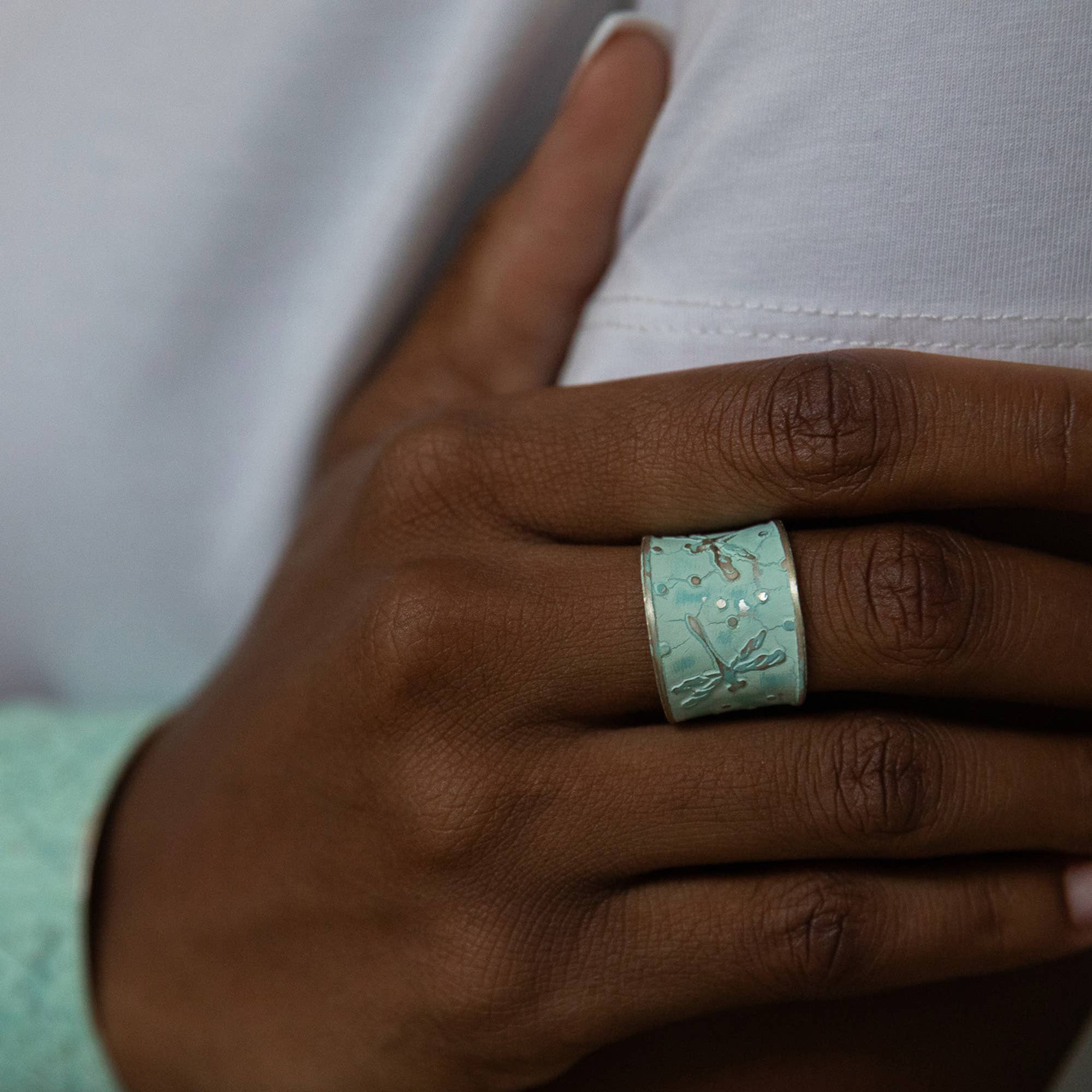 Handcrafted Mint Green Dragonfly Patina Ring