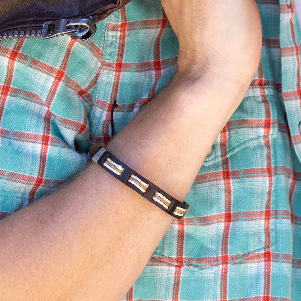 Aadi Cream & Tan Twine Brown Leather Pull Tie Men's Bracelet