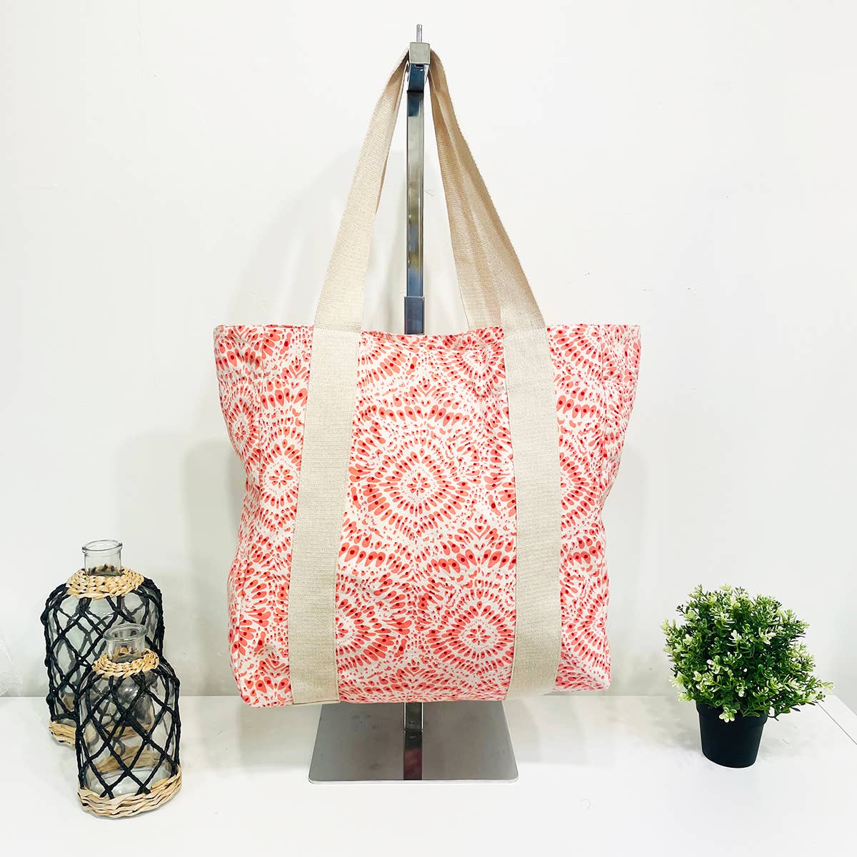 Handcrafted Canvas Bag with Block-Printed Pink Paradise