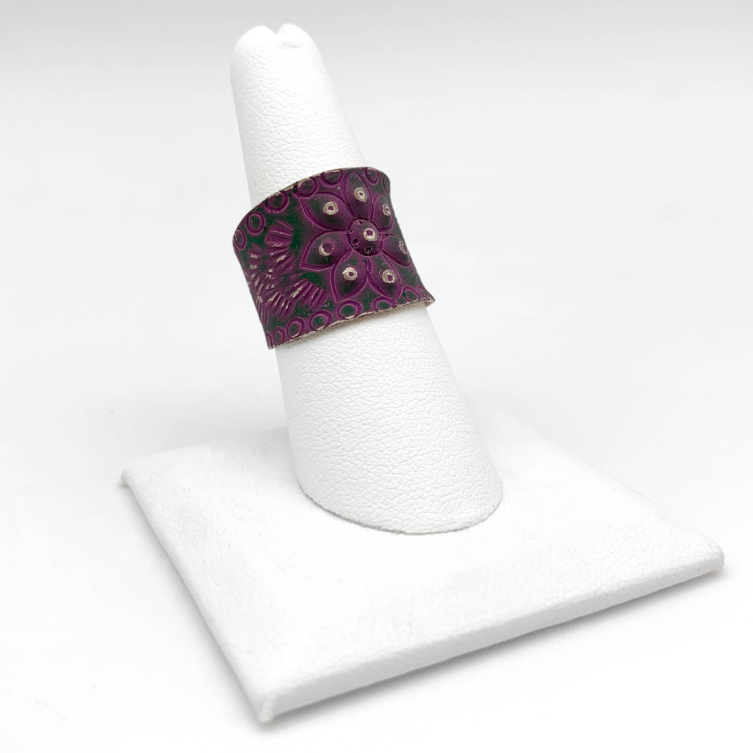 Silver Patina Ring - Purple Floral and Dots