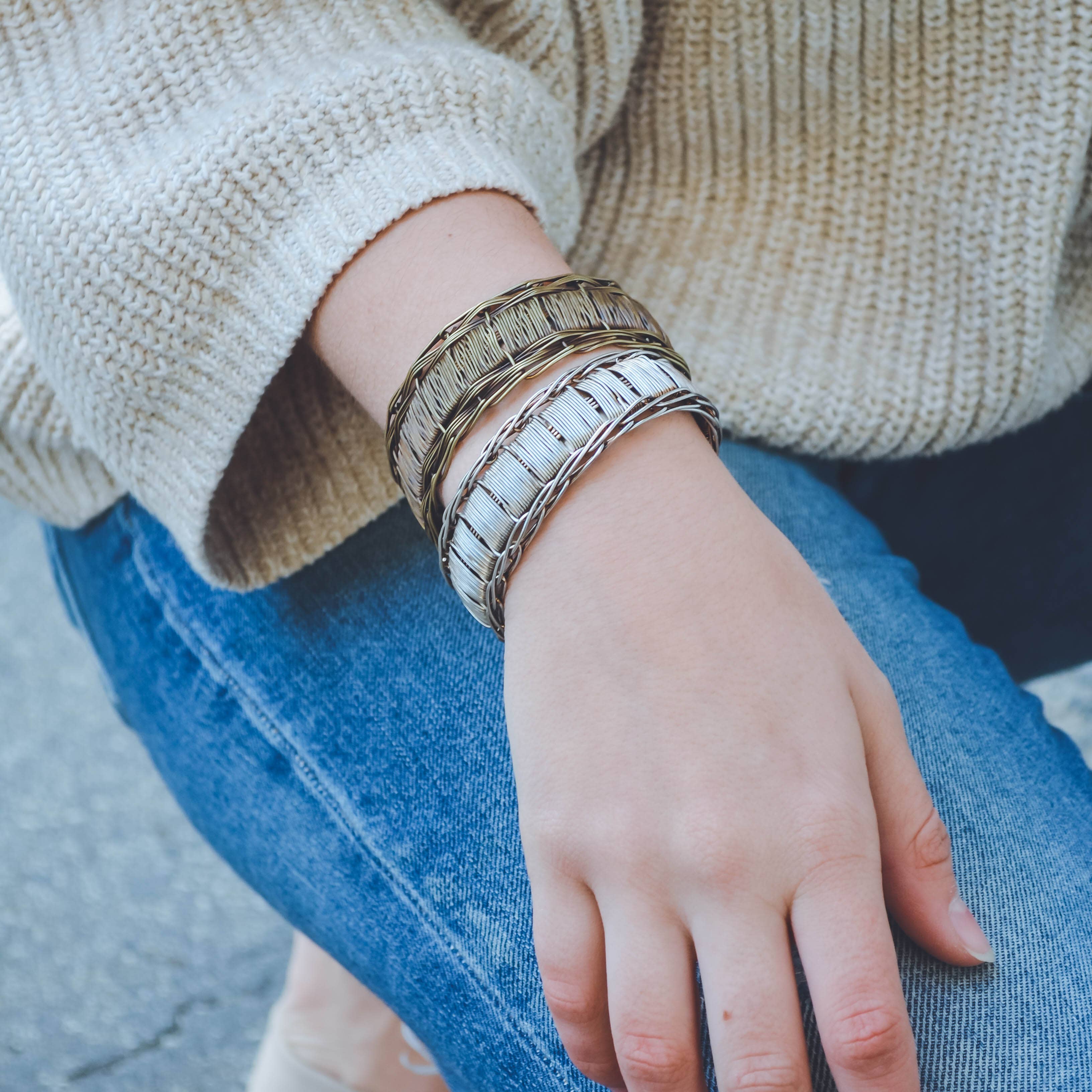 Basketweave Antique Silver Braided Edges Woven Cuff