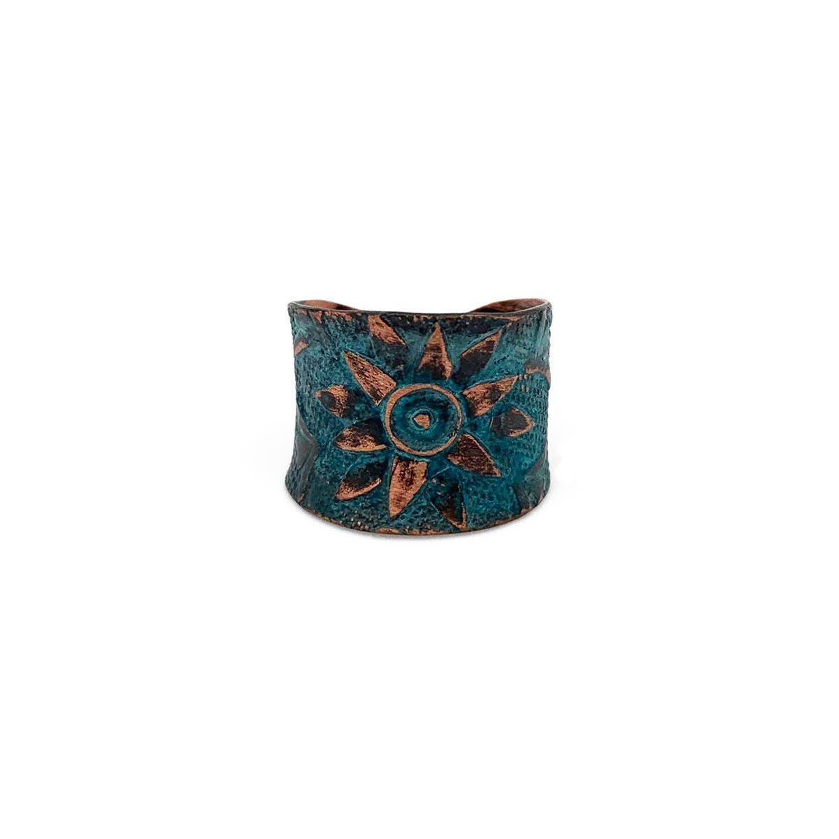 Copper Patina Ring - Teal Sun Flower Design