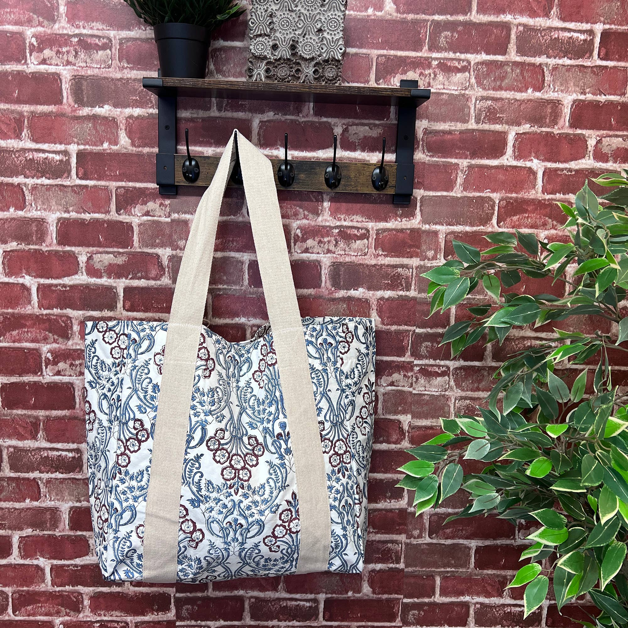 Handcrafted Canvas Bag with Block-Printed Chandelier Flowers