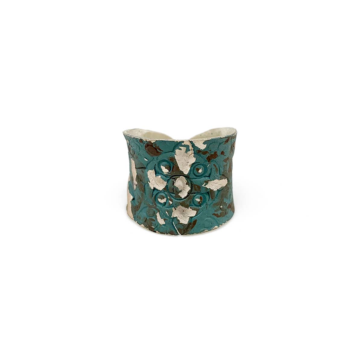 Silver Patina Ring - Teal Cross and Waves