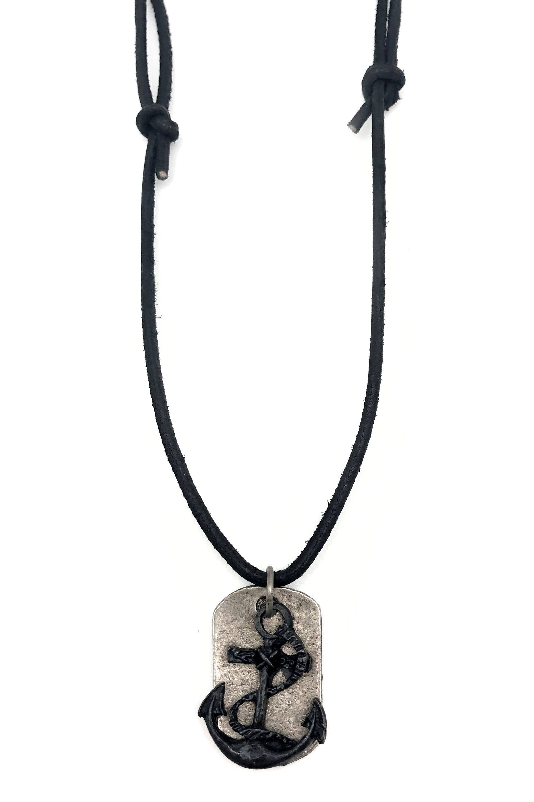 Aadi Black Anchor on Silver, Black Leather Men's Necklace