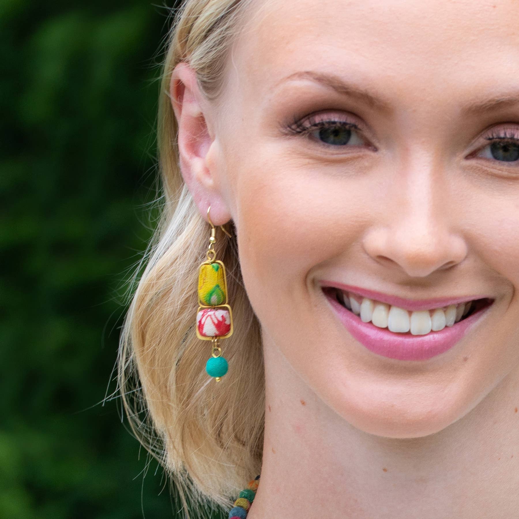 Aasha Brass Framed Oblong Beads with Single Drop Earrings