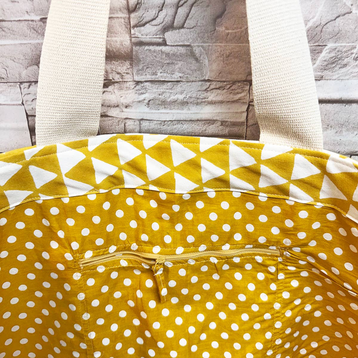 Canvas Bag with Block-Printed Yellow Geometric Pattern