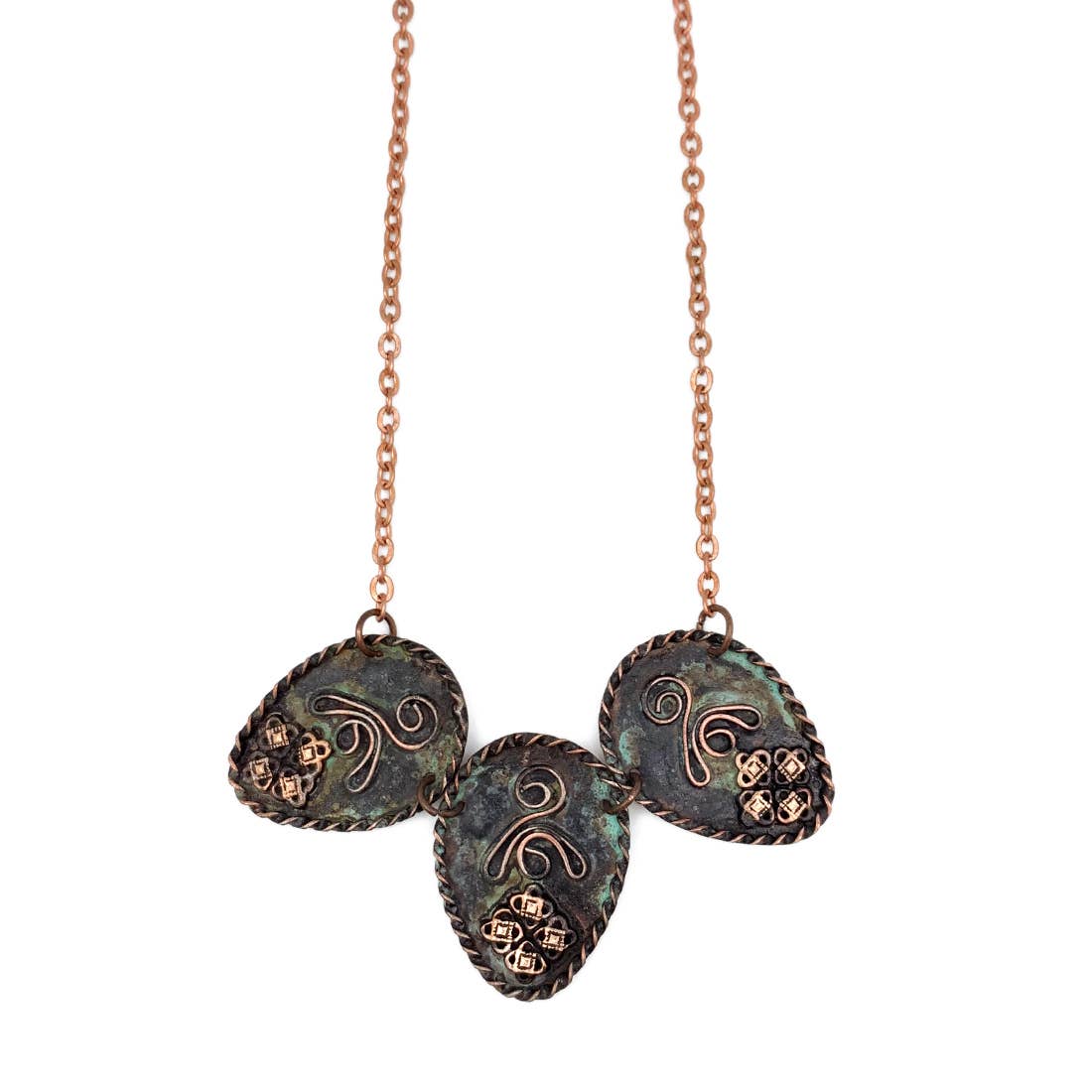 Copper Patina Necklace - 3 Wavy Line and Filigree Teardrops